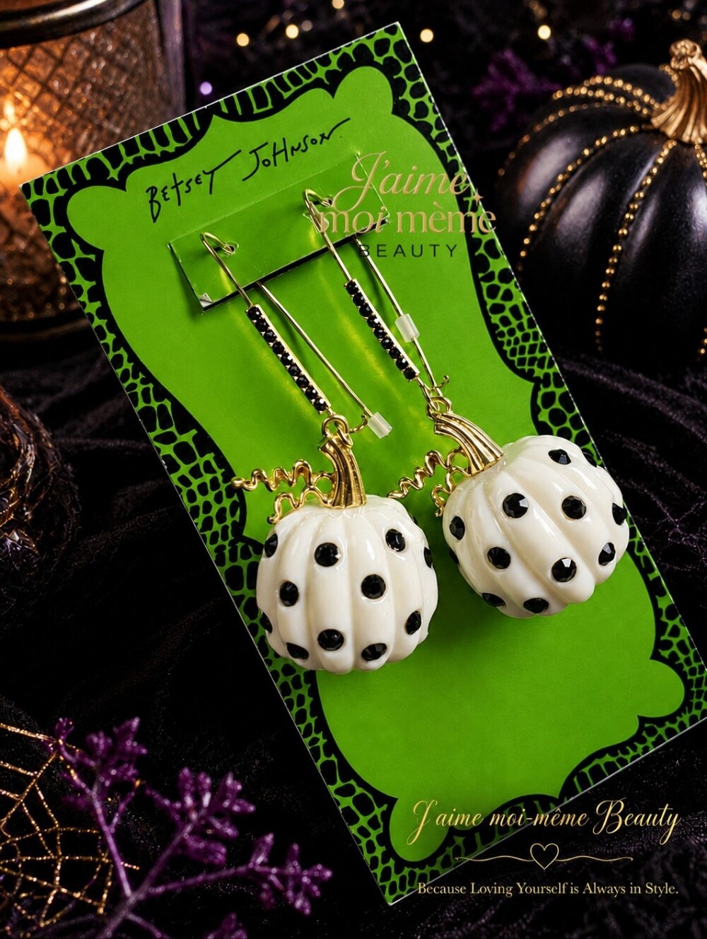 Betsey Johnson Black Crystal Rhinestone Polka Dots White Pumpkin Drop Earrings